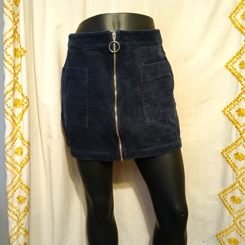 Navy Corduroy Mini Skirt with Zipper